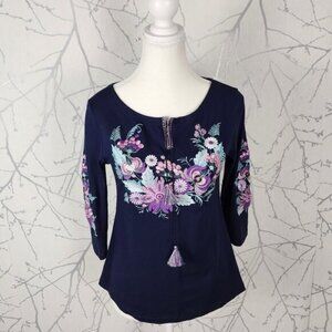 Galychanka Navy Floral Embroidered Stretch Jersey Peasant Blouse